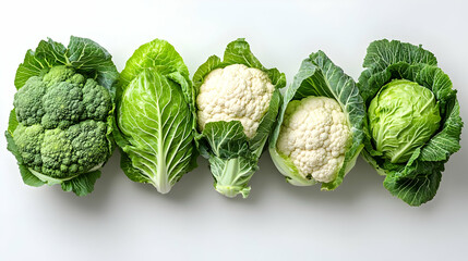 Fototapeta premium Fresh Broccoli Cauliflower and Cabbage on White Background
