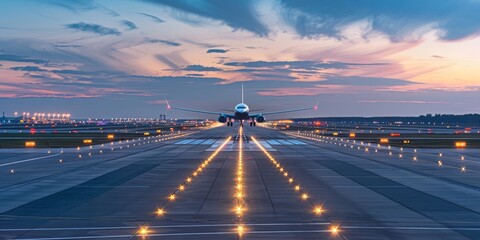 Fototapeta premium Airplane Landing on Runway at Dusk with Colorful Sky