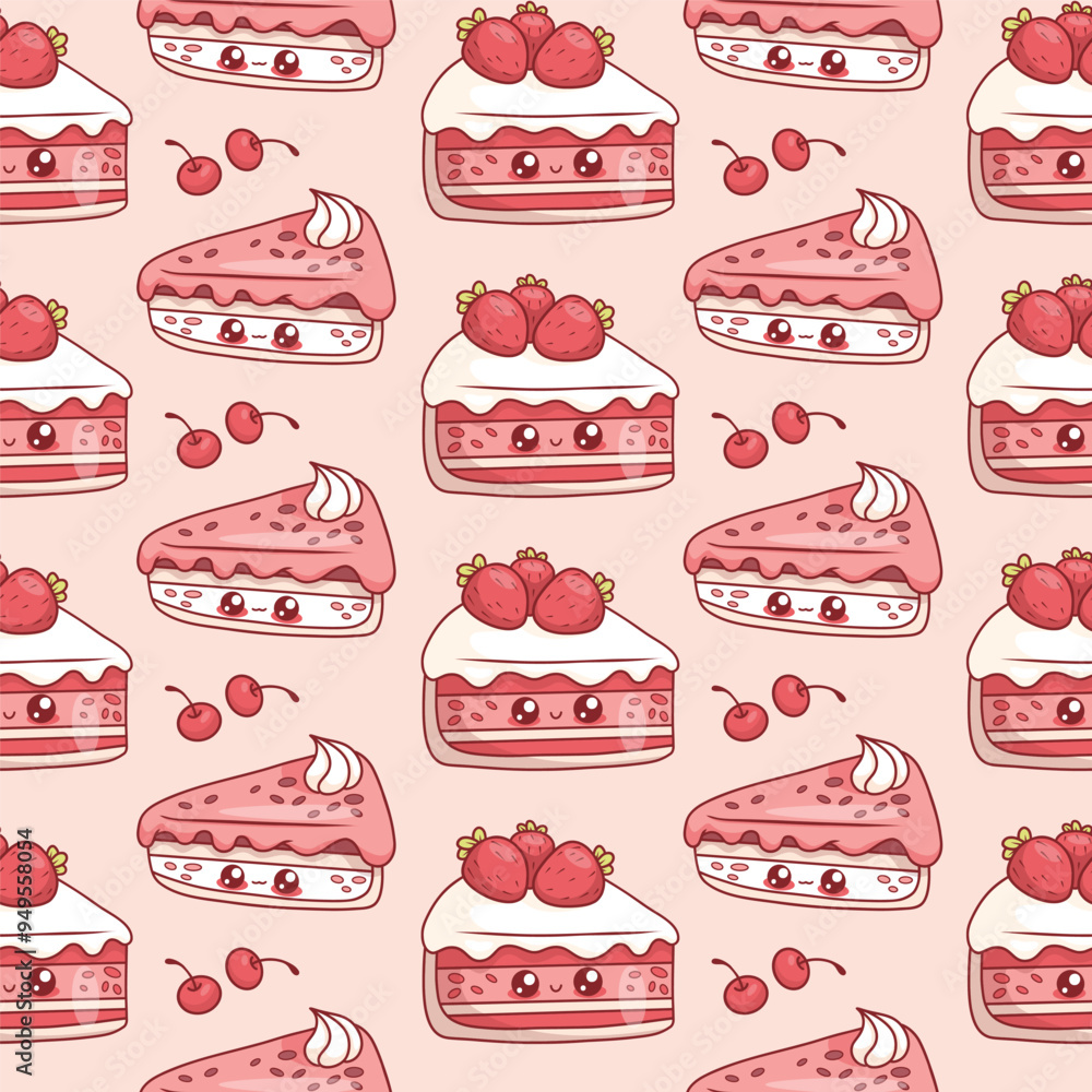 Wall mural seamless pattern with cute slice of birthday cake with strawberries on pink background with cherries