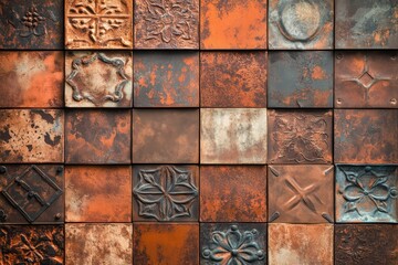Rustic Tile Mosaic, Earthy Tones and Textured Patterns, Vintage Decorative Design
