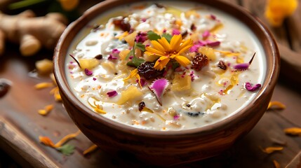 A dish including matka milk glace with dried fruits and ginger on top