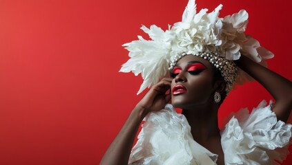 portrait of  beautiful black drag queen in a white outfit, posing for the camera on red background 