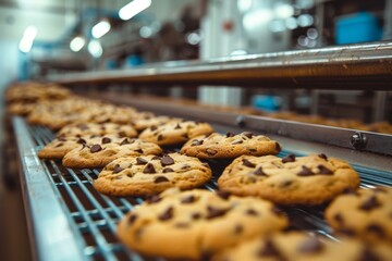 Close-up of Chocolate Chip Cookies on a Conveyor Belt in a Factory