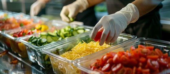 Obraz premium Hand in Glove Adding Tomatoes to Prepared Salad Bar