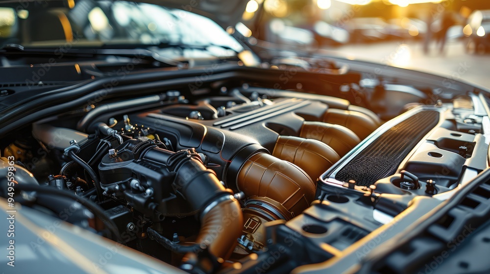 Poster engine of a modern car with opened hood. generative ai.