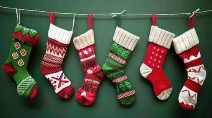 A row of Christmas stockings hanging on a line