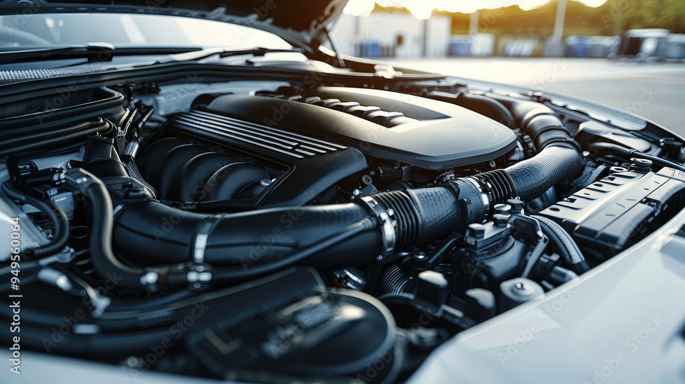 Poster engine of a modern car with opened hood. generative ai.