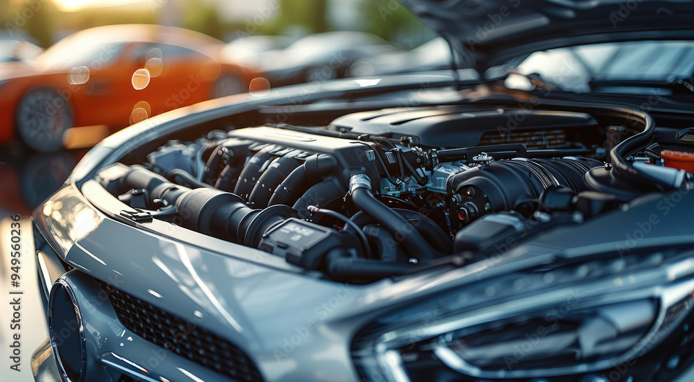 Aufkleber engine of a modern car with opened hood. generative ai.