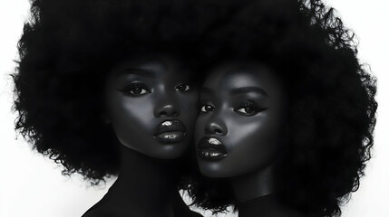 Fototapeta premium Black and White Portrait of Two Black Women with Afro Hairstyles
