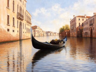 A gondola gliding through the canals of Venice, with buildings reflecting on the water