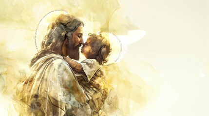 Jesus cradles baby Jesus in a tender embrace, captured in muted beige tones with a dreamlike, cloud-filled background © Anoo