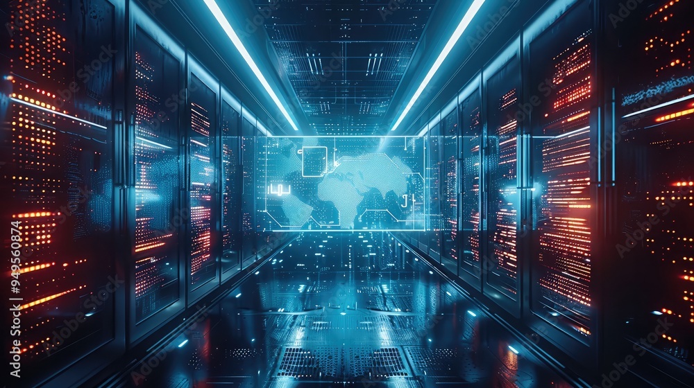 Poster futuristic scene with a digital transformation concept, showcasing cloud computing, ai, and encrypti