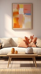Mockup frame in cozy simple living room interior close up, 3d render  