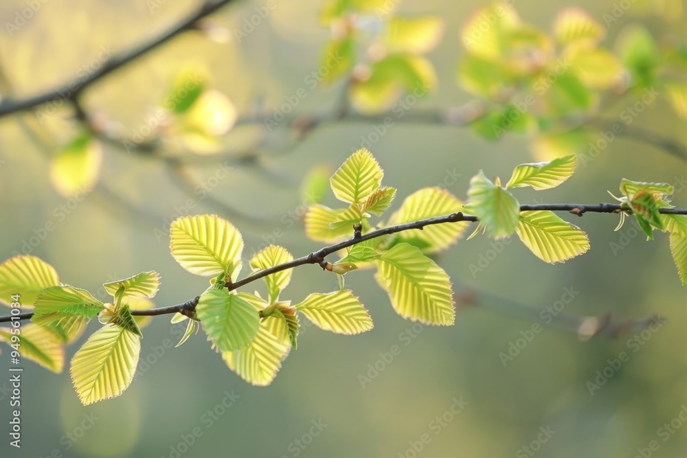 Aufkleber lush green leaves emerging from a tree branch in the soft spring breeze, soft spring breeze rustling
