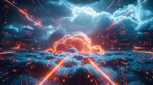 Futuristic scene with a digital transformation concept, showcasing cloud computing, AI, and encryption technologies, emphasizing the future of system engineering. Generative AI.