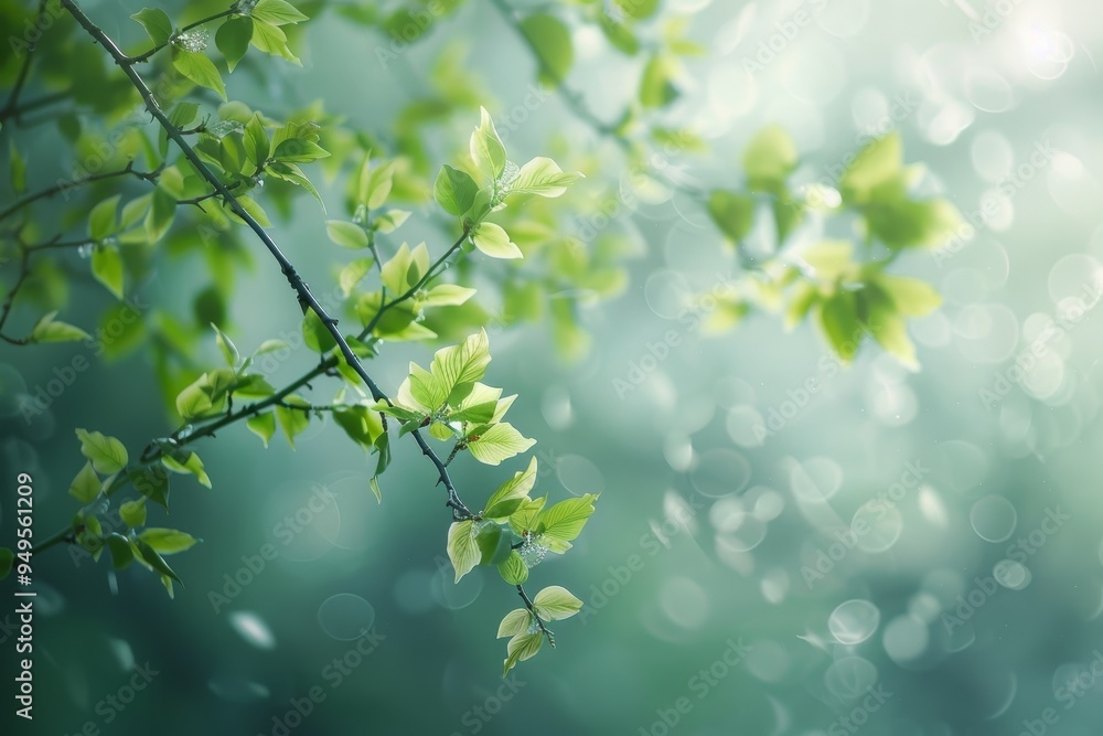 Poster a branch of a tree with fresh green leaves swaying gently in the soft spring breeze, soft spring bre