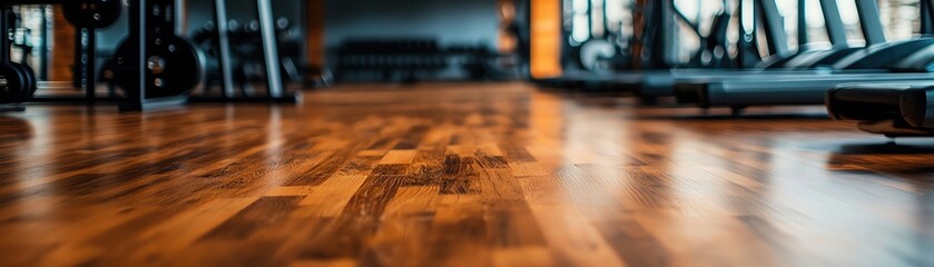 Naklejka premium A close-up view of polished wooden gym floor, reflecting sunlight, showcasing a modern fitness environment.