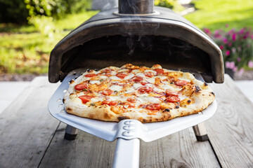 Homemade Pizza. Delicious fresh pizza out of home portable pellets oven. Outdoor pizza party.