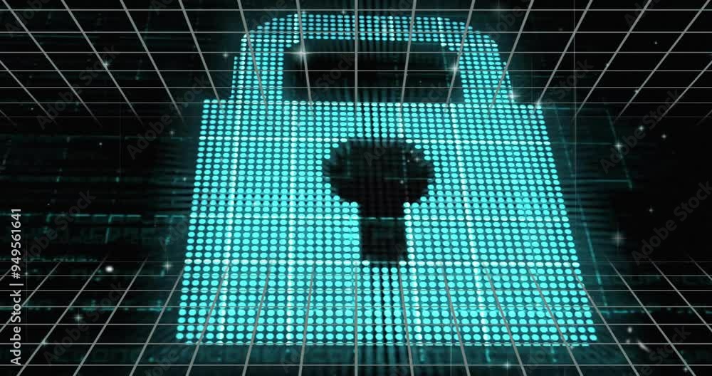 Poster digital lock icon animation over grid background, representing cybersecurity concept