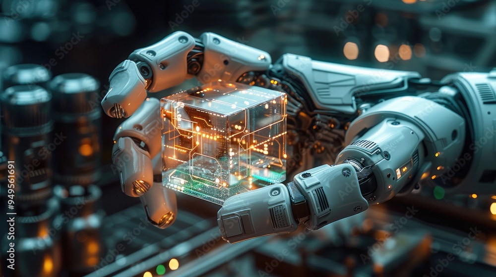 Leinwandbilder a robotic arm holds an intricate cube made of glass and circuitry, with digital lines glowing inside