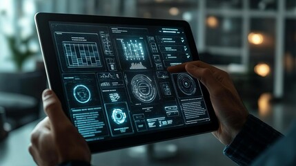 Educator designing a digital curriculum on a tablet, sleek and modern interface, curriculum, education technology