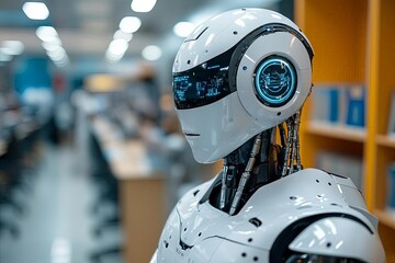 Fototapeta premium Hightech learning environment with robots assisting in teaching, education, futuristic curriculum