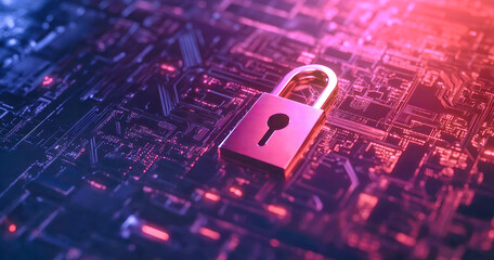 An abstract representation showcases a lock symbolizing data protection amidst a vibrant cyber network, highlighting the importance of cybersecurity