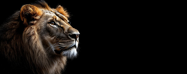 Half Portrait of a Beautiful lion on black background with copy space