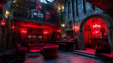 Vampire's Den Theme Party with Red Lighting and Gothic Decor 32k,