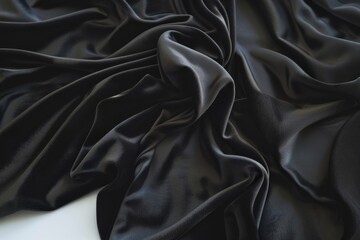 Fototapeta premium Black cloth with a soft texture placed on a white surface, Soft, velvety black fabric draped over a smooth surface
