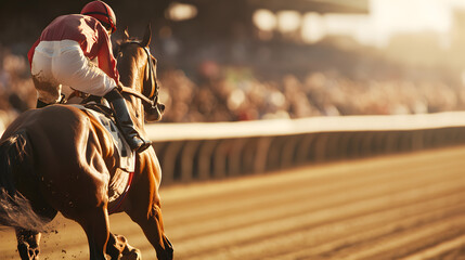 Jockey Racing Horse at Sunset in Racetrack Arena