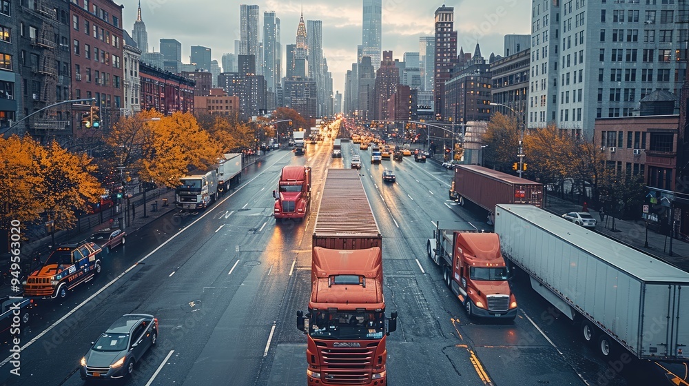 Wall mural a convoy of trucks transporting shipping containers through busy new york city street, with containe