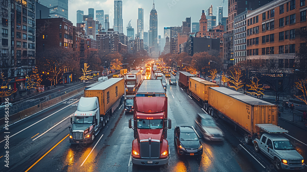 Poster a convoy of trucks transporting shipping containers through busy new york city street, with containe