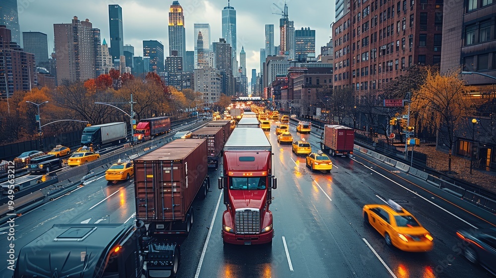 Poster a convoy of trucks transporting shipping containers through busy new york city street, with containe