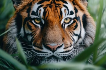 Fototapeta premium Close-up of a Tiger's Face Through Green Foliage