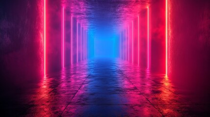 Fototapeta premium Futuristic neon-lit corridor with pink and blue lights