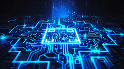 Futuristic blue QR code scanning with a glowing neon effect, vector illustration. Modern design featuring a fast recognition verification system.