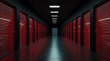 Fototapeta premium A modern storage facility corridor featuring red storage units, illuminated by overhead lights creating a sleek atmosphere.