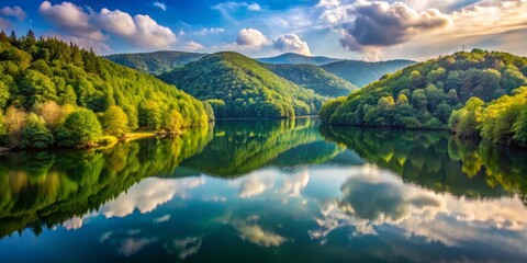 Bird's-eye view of a tranquil lake, its surface mirroring the surrounding hills, verdant with trees and foliage, exuding calmness, reflection, soft, diffused light, a realistic photo image.