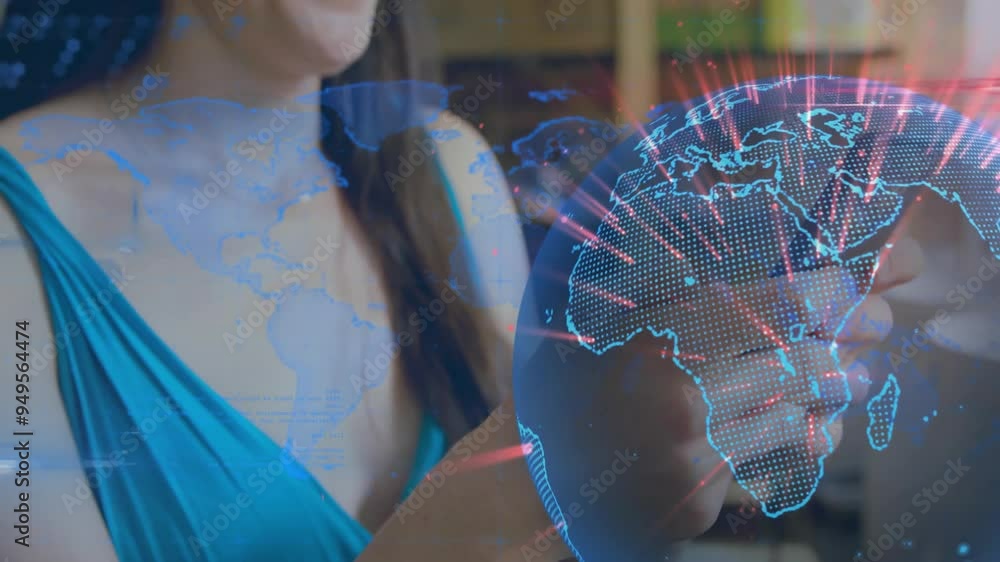 Poster digital world map and data points animation over woman using smartphone