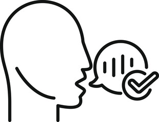 Human head profile with soundwave symbol and check mark in a speech bubble, representing voice control