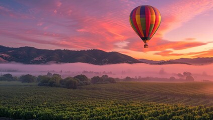 Obraz premium Hot Air Balloon Soaring Over Vineyards at Sunrise