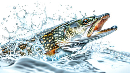 The fierce pike fish erupts from the water, showcasing its characteristic features and power, while water splashes dramatically around it