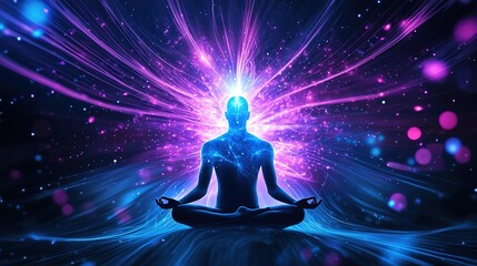 A serene figure in meditation surrounded by vibrant energy bursts, symbolizing peace and enlightenment in a cosmic space.