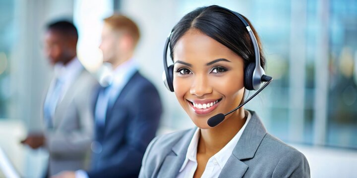 sleek minimalist background professional young ethnicity diverse female customer service representative smiling while talking on phone headset confident friendly approachable helpdesk concept