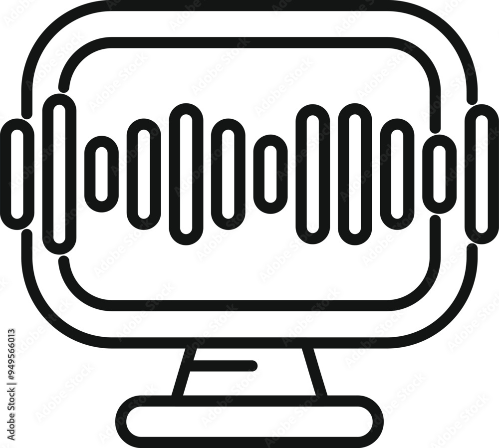 Poster line art icon of a computer screen with a sound wave, perfect for representing audio editing softwar