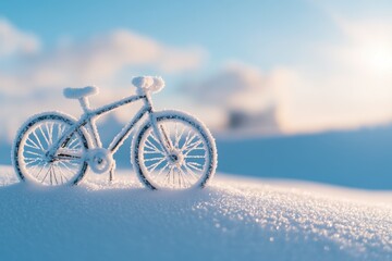Fototapeta premium pristine snowflakes on a bicycle left in the snow, capturing a quiet winter moment.