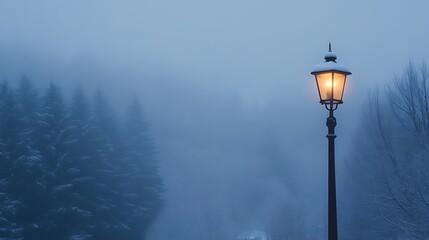 Luminous Street Lamp in a Foggy Forest