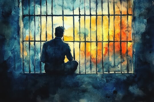 A watercolor painting of a man sitting by a barred window, gazing at a vibrant sunset sky with hues of blue, orange, and yellow.