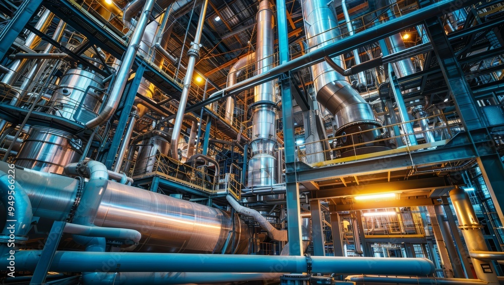 Poster intricate network of pipes and structures in an industrial facility